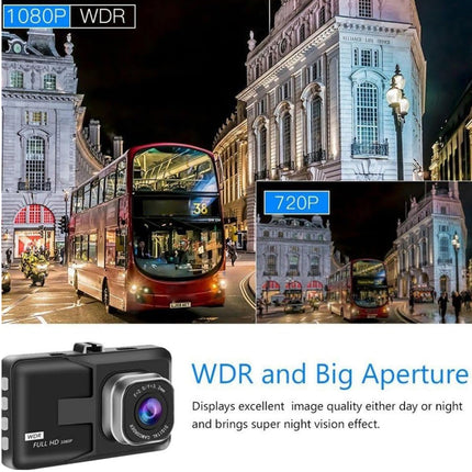 City street scene with a double-decker bus, buildings, and a camera with WDR and Big Aperture features.