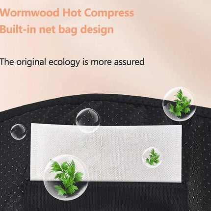 Close-up of a black mesh filter cartridge with a white mesh pocket, featuring text overlays 'Wormwood Hot Compress Built-in net bag design' and 'The original ecology is more assured', with small green plant graphics inside clear bubbles.