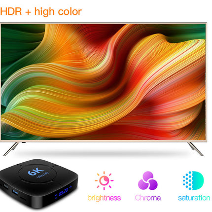 Smart TV with colorful display and a black device labeled '6K' on a white background.