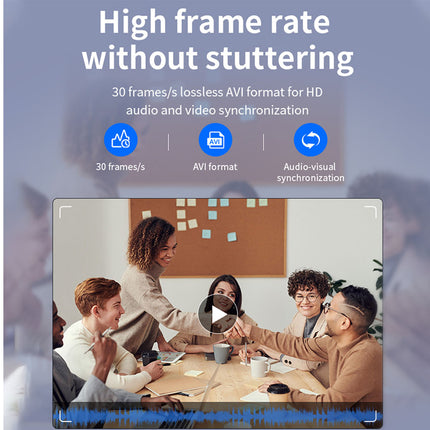 Advertisement for video synchronization technology with a meeting scene and text about high frame rate and AVI format.