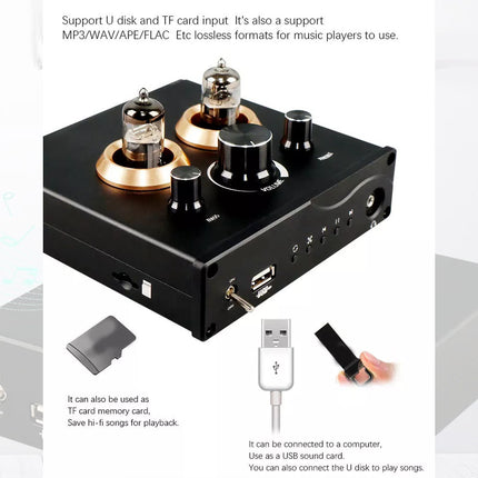Audio amplifier with U disk and TF card input support on a white background