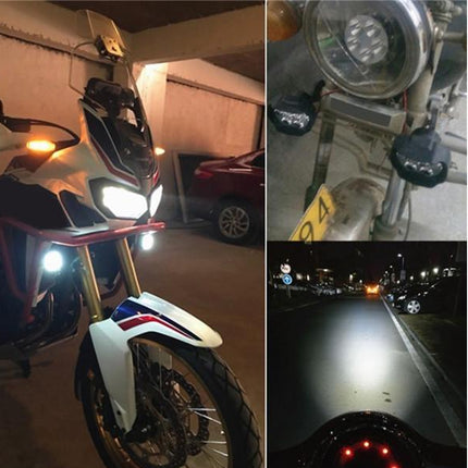 Collage of a motorcycle with its headlight on, showing different angles and lighting conditions.