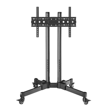 A black metal TV stand and mount with a wheeled base, shown against a plain white background.