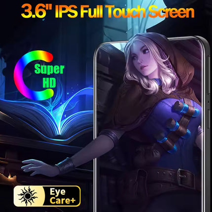 Smartphone with a colorful display and character illustration, featuring text about screen specifications.