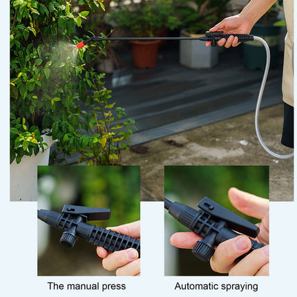 A black handheld pressure washer nozzle with a flexible hose, shown being used to spray water on potted green plants outdoors. Two inset close-up panels at the bottom show the nozzle in different operating positions, labeled 'The manual press' and 'Automatic spraying'.