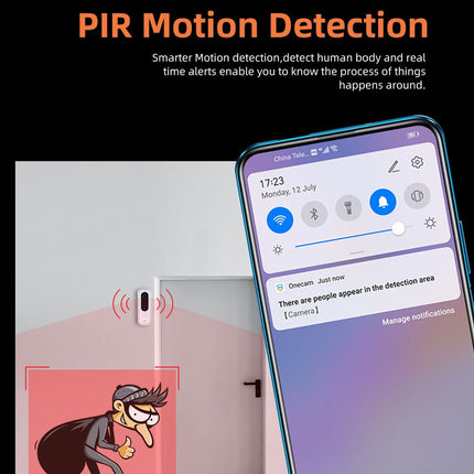 A promotional graphic for a PIR motion detection alarm camera. It shows a smartphone displaying a camera control interface next to a white alarm sensor mounted on a wall, with a cartoon burglar illustration on a red rectangle below the sensor.