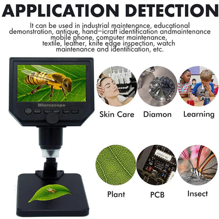 Application detection graphic for a microscope camera, showing the device on a stand with a screen displaying a bee, plus text and circular examples for skin care, diamond, learning, plant, PCB, and insect inspection.