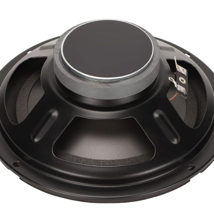 A single black car audio speaker with a silver metal center horn, photographed from a top-down angle on a white background.