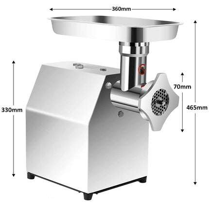 Stainless steel meat grinder with dimensions labeled on a white background