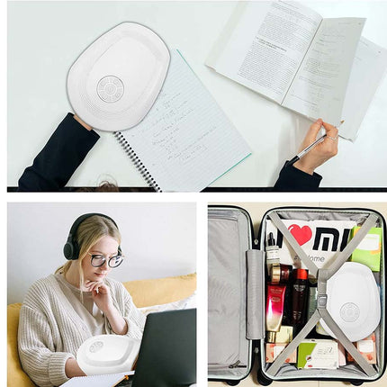 A collage showing a white oval-shaped portable device in three usage contexts: held over a notebook on a desk, worn by a person using a laptop, and packed inside a suitcase alongside cosmetics and documents.