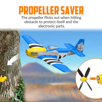 Model airplane with propeller saver feature, showing propeller retracting into body.