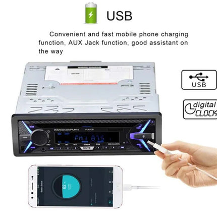 Car stereo system with USB charging and AUX Jack functions, connected to a smartphone.