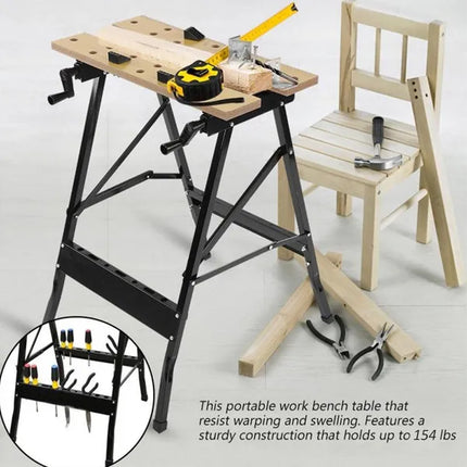 Portable work bench table with tools on a white background