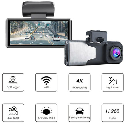 Car dashboard camera with screen displaying road view, featuring various features on a white background.