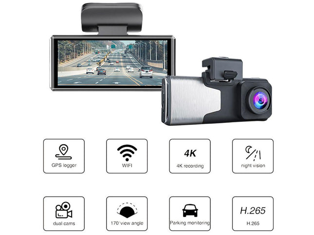 Car dashboard camera with screen displaying road view, featuring various features on a white background.