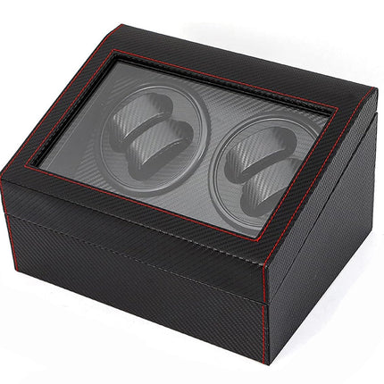 Black watch box with red stitching on a white background