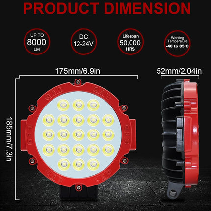 LED work light with specifications and dimensions on a black background