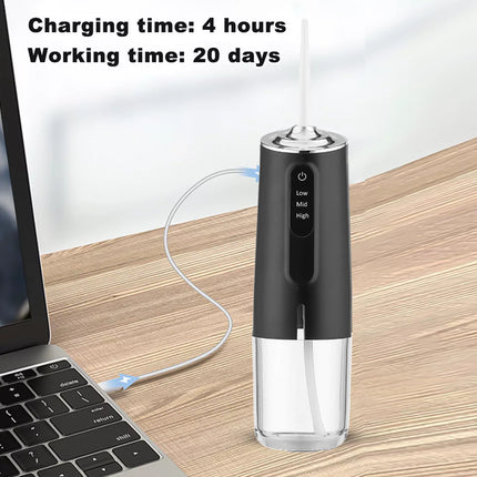 Black electronic device charging on a wooden desk with laptop and succulent plant in the background