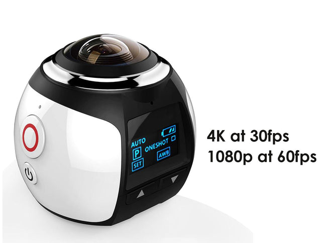 360-degree camera with display and control buttons on a white background