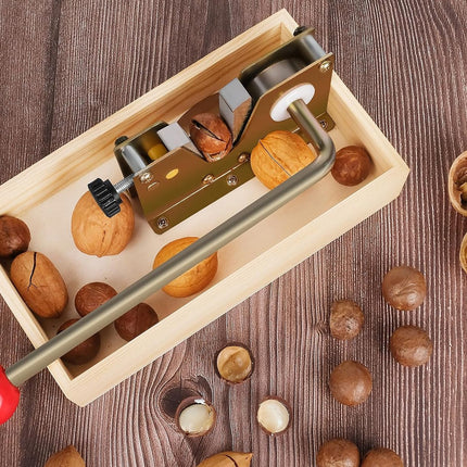 Wooden nutcracker with nuts on a wooden surface