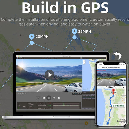 Laptop and smartphone displaying GPS navigation with speed data on a road.