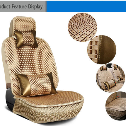 A beige woven car seat cover set with matching headrest and lumbar pillows, shown on a car seat with four circular detail insets highlighting texture, stitching, and fit. The image includes a header reading 'Product Feature Display'.