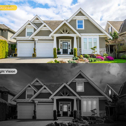 Comparison of a house during day and night with 'Day Vision' and 'Night Vision' labels.