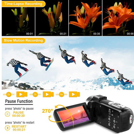 Camera with features for time-lapse, slow-motion recording, and pause function displayed on a white background.