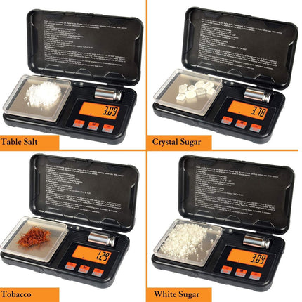 Digital pocket scale measuring different substances with displayed weights.