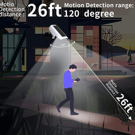 Illustration of a security camera with motion detection range displayed, showing a person walking in front of a house.