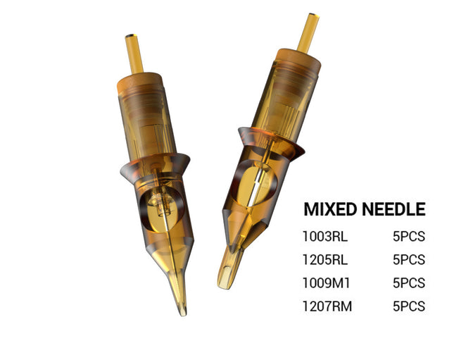 Two tattoo needles with specifications on a white background