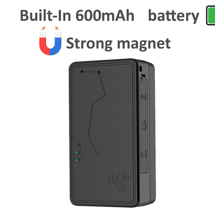 Black electronic device with text indicating built-in 600mAh battery and strong magnet on a white background