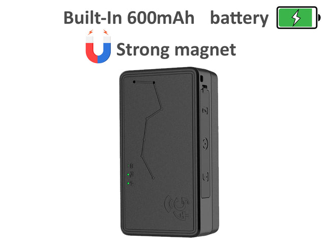 Black electronic device with text indicating built-in 600mAh battery and strong magnet on a white background