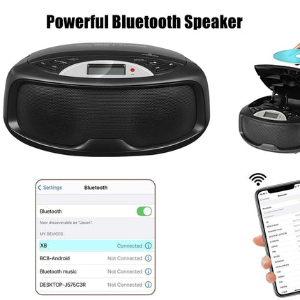 Portable CD Player with Bluetooth - FM Radio & Karaoke Machine | HiFi Stereo Speakers USB/AUX MP3 Playback Remote Control Black Home Audio