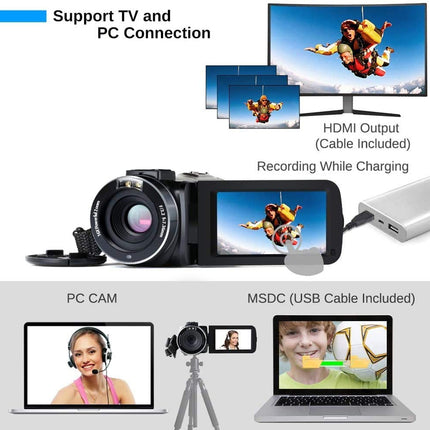 Digital camera with TV and PC connection features on a white background