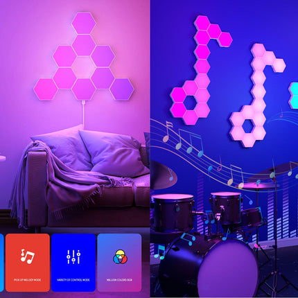 Hexagon wall light panels shown in two room settings: one casting a purple glow over a couch, and another over a drum set, with app control icons displayed at the bottom.