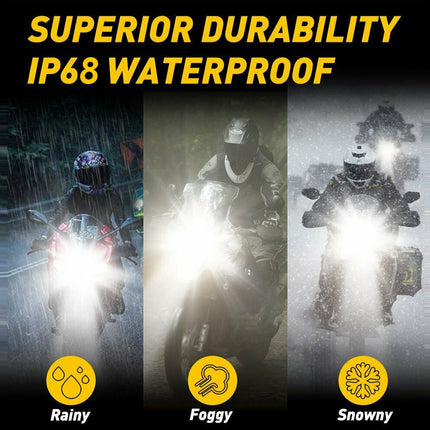 Three scenarios of people riding motorcycles in rain, fog, and snow with text 'Superior Durability IP68 Waterproof'.