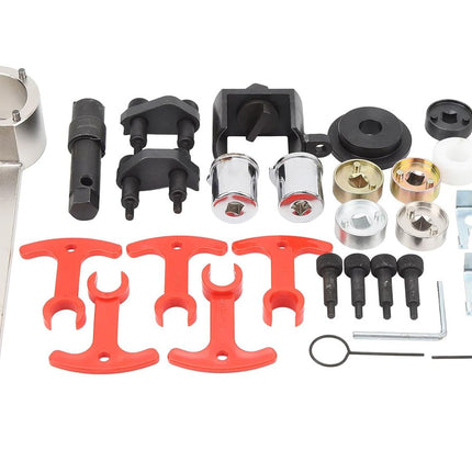 Collection of mechanical parts and tools on a white background