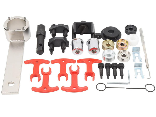 Collection of mechanical parts and tools on a white background