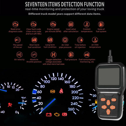 Automotive diagnostic tool with a digital display on a black background
