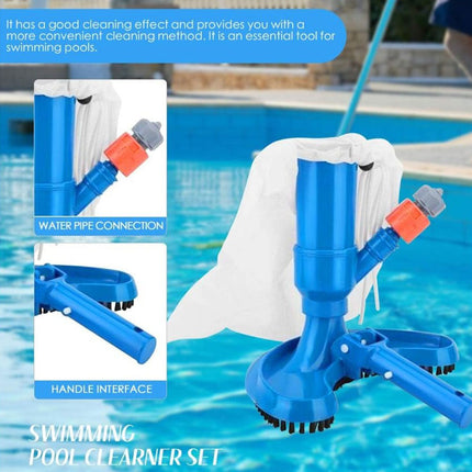 Swimming pool cleaner set with blue and white design, shown in use by a pool.