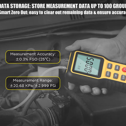 A handheld digital pressure gauge with a yellow and black body is shown being held in a person's hand near a car engine bay. The image includes marketing text overlays highlighting data storage capacity, measurement accuracy, and measurement range.
