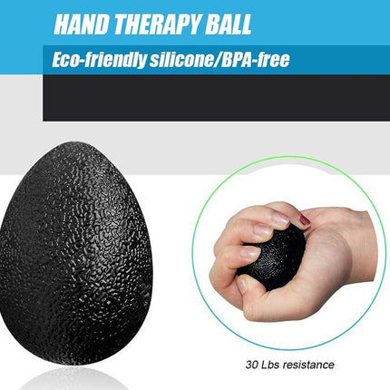 Black hand therapy ball with a hand gripping it, labeled as eco-friendly silicone and BPA-free.