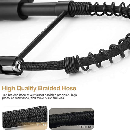 Close-up of a black braided hose with coiled sections and metal connector ends, shown on a white background with text reading 'High Quality Braided Hose' and two small inset fabric-detail thumbnails.
