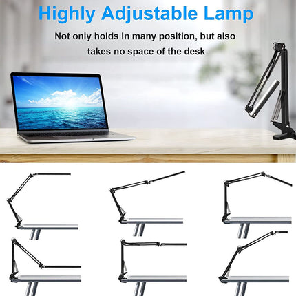 Highly adjustable lamp on a desk with laptop, text highlighting features