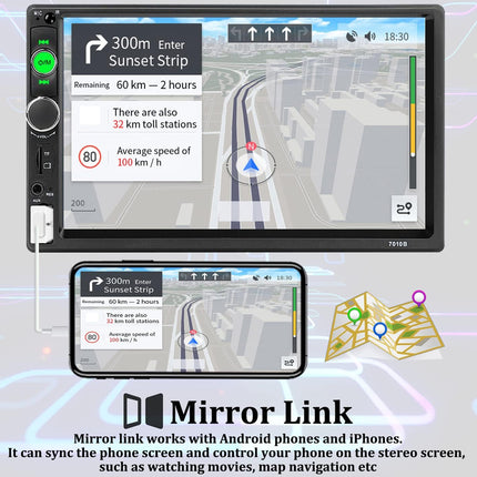 GPS device with screen displaying navigation information and 'Mirror Link' text on a light background