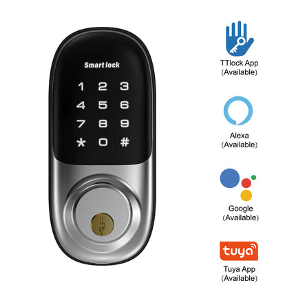 Smart lock with digital keypad and compatibility icons for TLock App, Alexa, Google, and Tuya App on a white background.
