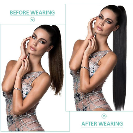 Before and after comparison of a woman with styled hair wearing an embellished dress.