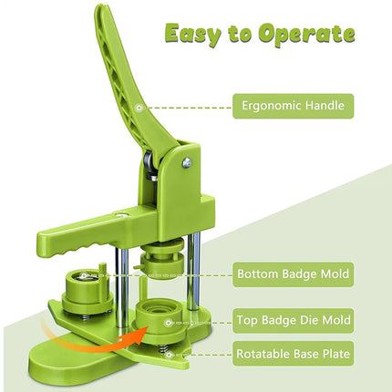 Green badge press with labeled parts on a white background