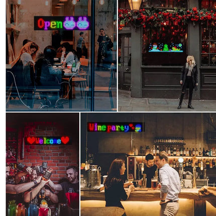 A four-panel collage showing neon signs in real-world settings: an 'Open' sign at a restaurant, a 'Welcome' sign at a bar, and a 'Vine party' sign at a bar, with people and bar interiors visible in each panel.